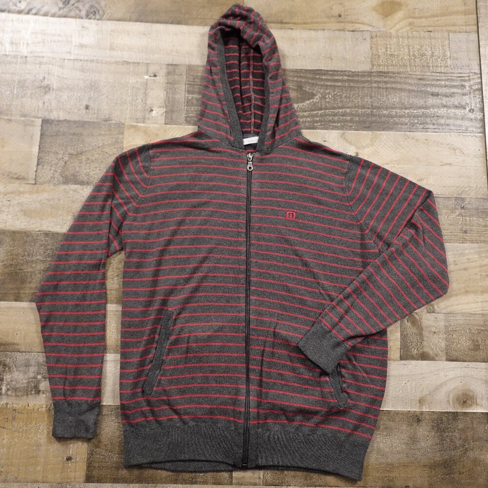 TravisMathew Striped Zip-Up Hoodie – Men's Large Charcoal Gray Red Golf Casual